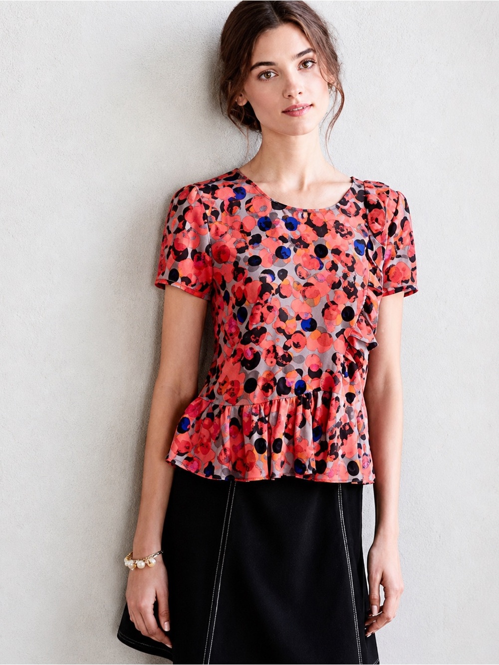 Anthropologie HD in Paris 100% Silk Ruffle Peplum Blouse Polka Dot Print US 0
